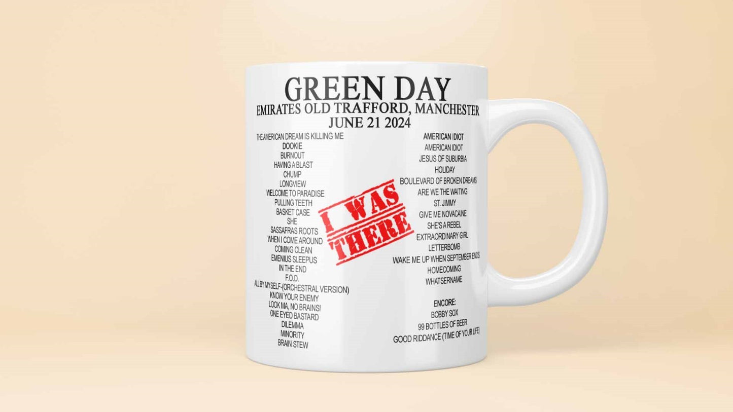 Green Day Manchester emirates mug, including set list