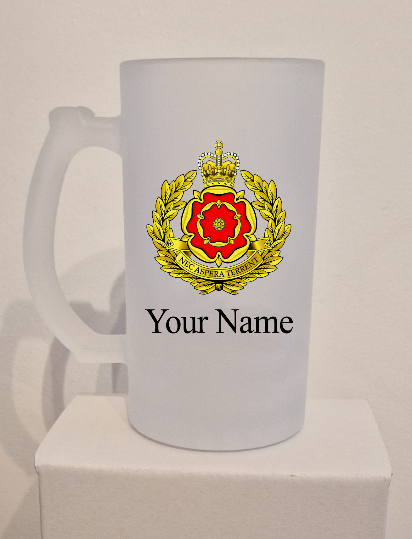 Personalised Duke of Lancashire Regiment frosted Glass Tankard,