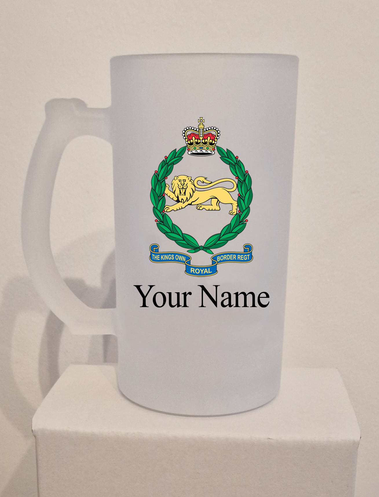 Personalised King's own Royal Border Regiment frosted Glass Tankard,