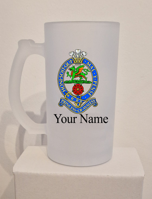 Personalised Princess of Wales Royal Regiment frosted Glass Tankard,