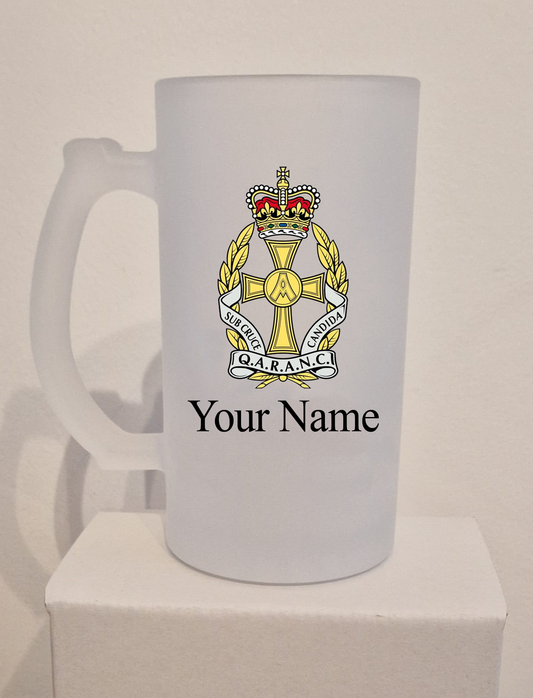 Personalised  Queen Alexandra’s Royal Army Nursing Corps (QARANC) frosted Glass Tankard,