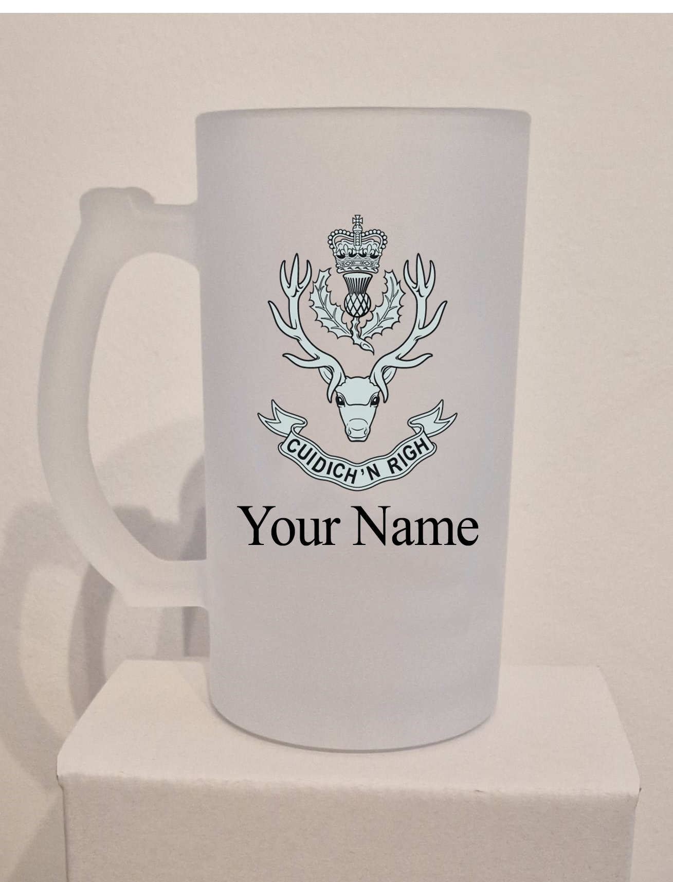 Personalised Queens Own Gordon Highlanders frosted Glass Tankard,