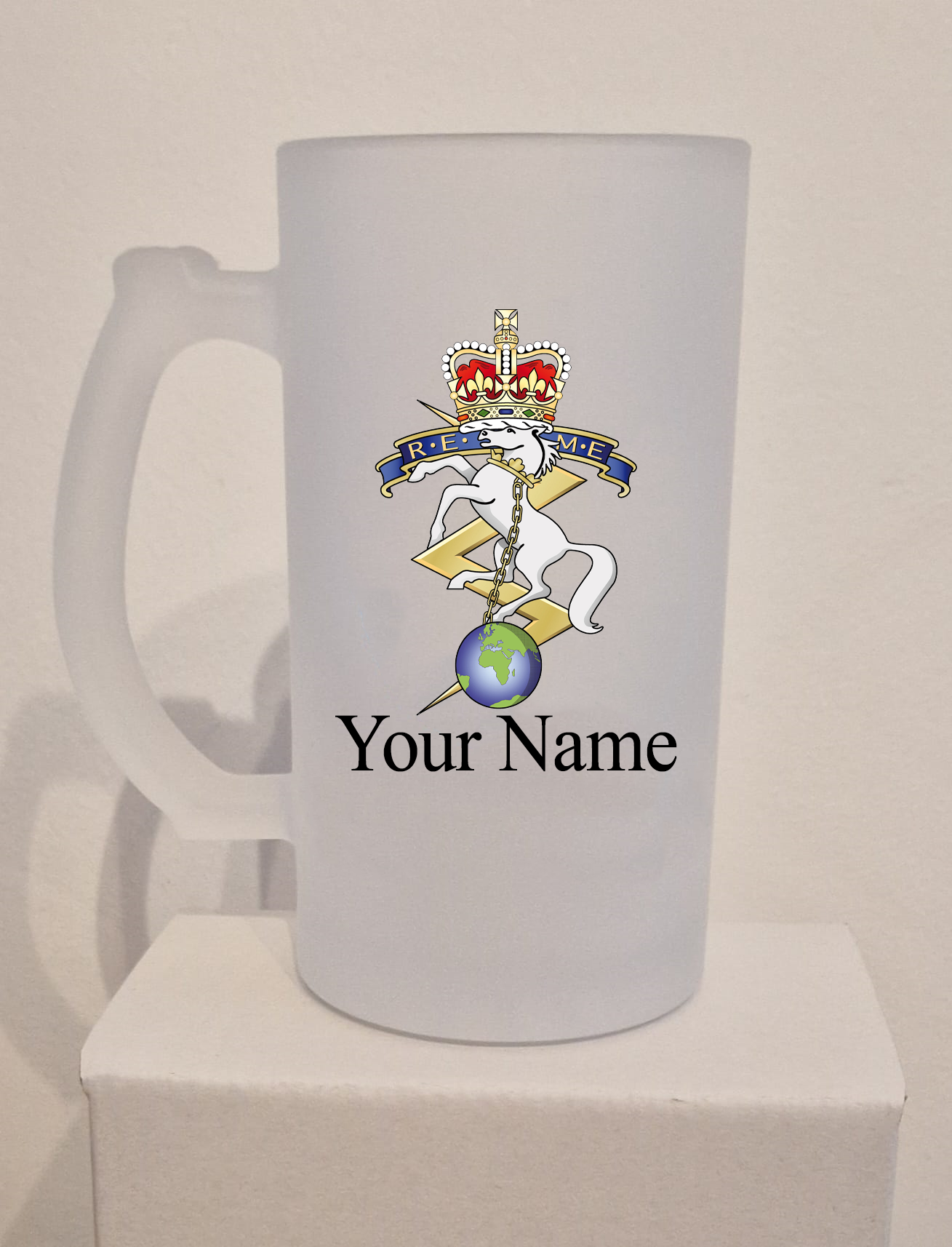 Personalised  Royal Electrical Mechanical Engineers  (REME) Frosted Glass Tankard,