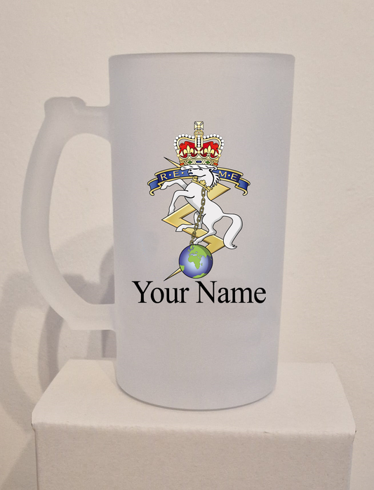 Personalised  Royal Electrical Mechanical Engineers  (REME) Frosted Glass Tankard,