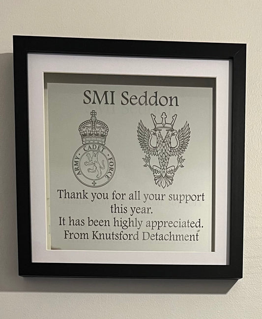 Laser engraved regimental mirror, beautiful gift for an award/gift or even a memorial, can be personalised to suit your needs