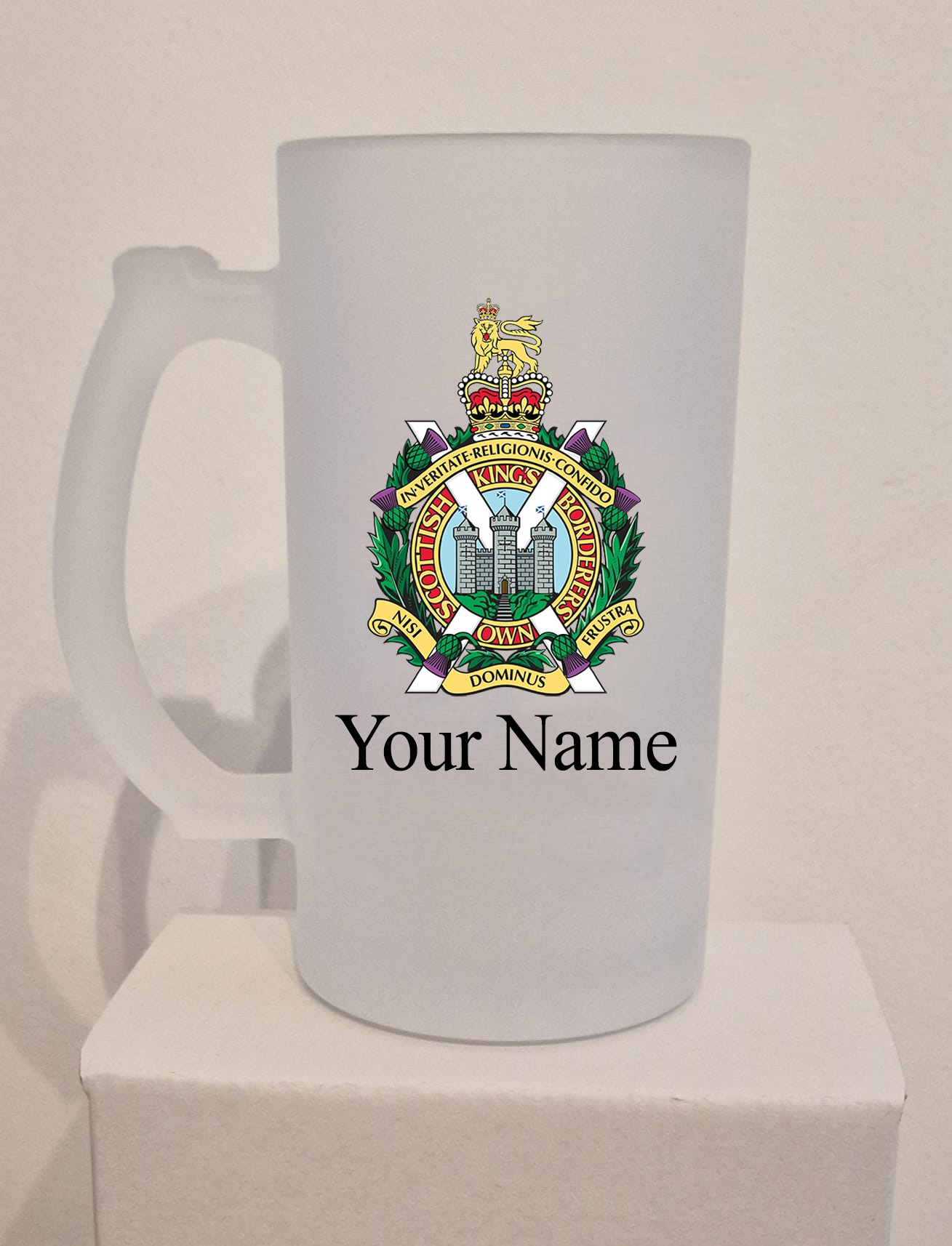 Personalised Kings Own Scottish Border frosted Glass Tankard,